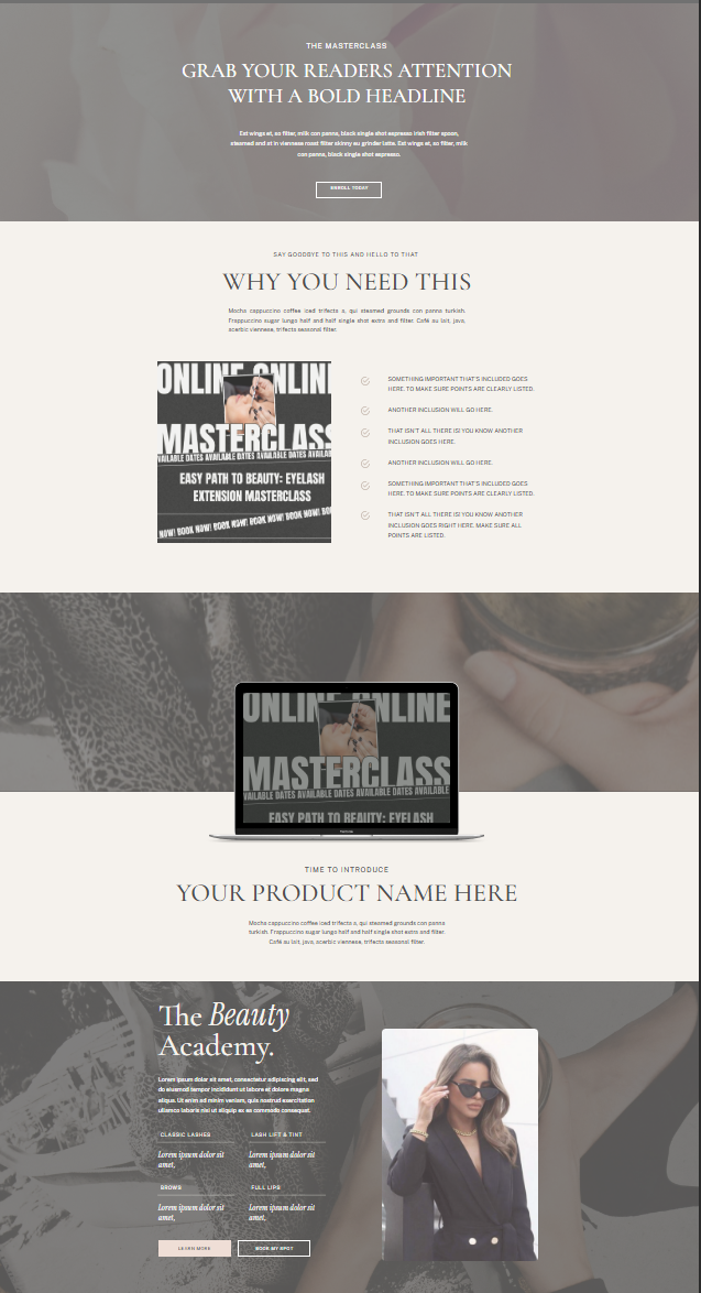 Ember Aesthetics Showit website template shown on desktop, for permanent makeup and lash studios
